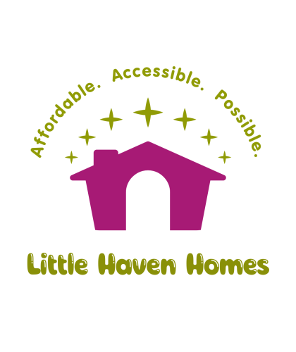 Little Haven Homes logo in avocado green and magenta featuring the company name, tagline, and a house with stars above the roof.
